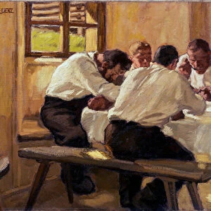 Repas, la soupe (version 2) (Lunch (The Soup, Version II) Peinture de Albin Egger Lienz (1868-1926), huile sur toile, 1910 (91x141 cm) - Leopold Museum, Vienna (Autriche)