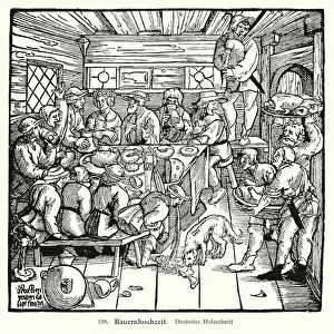 Revellers at a peasant wedding (woodcut)