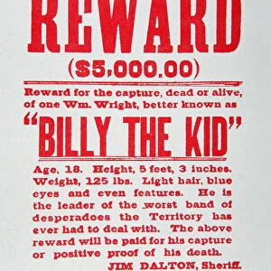 Reward Poster for Billy the Kid (1859-81) (litho)
