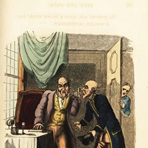 A rich miser listens with an ear trumpet to a poor soldier. 1831 (engraving)