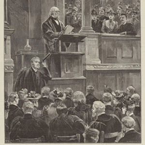 The Right Honourable W E Gladstone at Oxford, delivering the Romanes Lecture in the Sheldonian Theatre (engraving)
