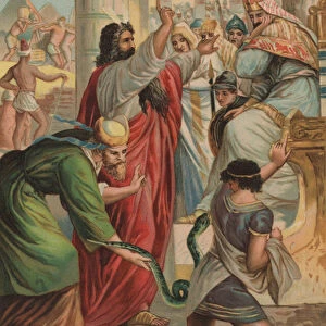 The rod of Moses turning into a snake in the court of Pharaoh (colour litho)