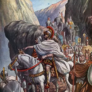 Roman antiquite: Second Punic War (218-202 BC), the passage of the Alps, 218 BC, by Carthaginian General Hannibal Barca (247-183 BC) (Second Punic War: Hannibal crossing the Alps) Illustration by Tancredi Scarpelli (1866-1937) taken from "