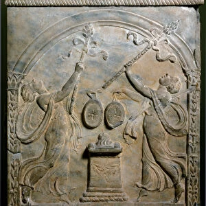 Roman art: funerary altar representing two dancing menades. Low relief