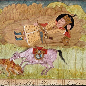 Rostam asleep, near his horse and a slaughtered leopard