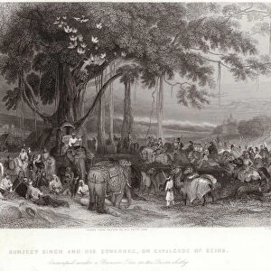 Runjeet Singh and his suwarree encamped under the banian tree on the River Sulley (engraving)
