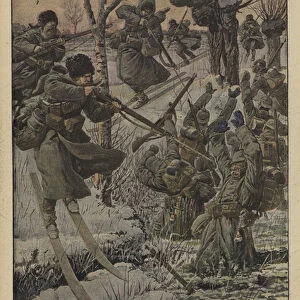 Russian soldiers on skis capturing a group of Germans, World War I, 1915 (colour litho)
