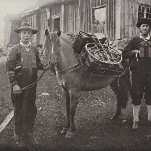 Saetersdalen Highlanders with Pack-Horse (b / w photo)