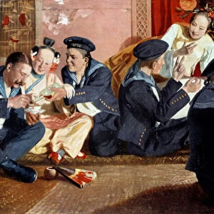 Sailors in a Chinese house based on the painting by Erich Eltze (1865-). Engraving of the 19th century. Paris, Decorative Arts