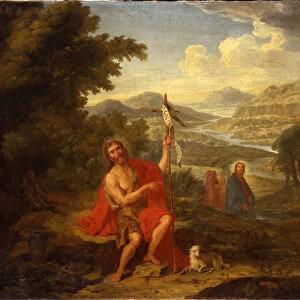 Saint John the Baptist in the wilderness indicating Christ, the River Jordan beyond