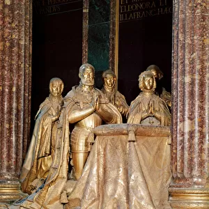 Sculpted group representing Emperor Charles V (Charles V) (1500-1558) and his family. Dore bronze sculpture by Pompeo Leoni (1533-1608) Palace of the Escorial, Madrid