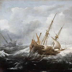 Ships in a Storm on a Rocky Coast, 1614-8 (oil on panel)