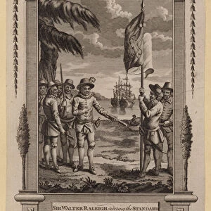 Sir Walter Raleigh ordering the Standard of Queen Elizabeth to be erected on the Coast of Virginia (engraving)