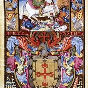 St. James on a White Horse Riding over the Corpses of Moors and The Coat of Arms of the Family of Gomez, 1606 (illuminated manuscript on vellum)