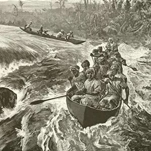 Stanley shooting the rapids of the Congo (engraving)