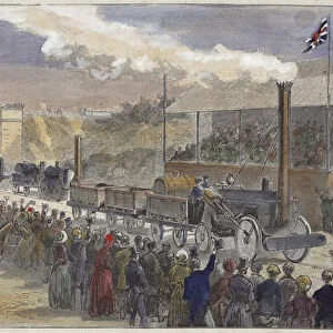 Stephensons Rocket coming in first at the competition of locomotives at Rainhill in 1829 (coloured engraving)