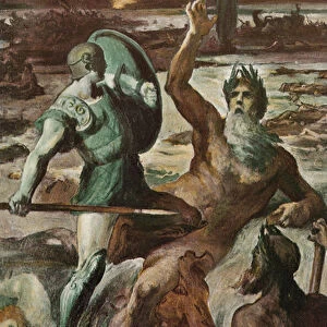 The struggle of Achilles and the Scamander River. Illustration by Clement Gontier (1876-1918) for Homeres "The Iliad"(Omero). Paris, Henri Laurens, 1930