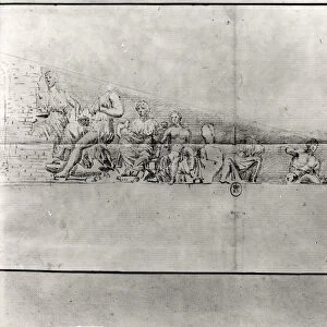 Study of the frieze from a pediment of the Parthenon (pencil on paper) (b / w photo)