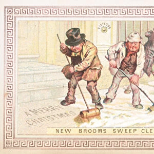 Sweeping away snow in the street, Christmas Card (chromolitho)