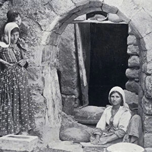 Syrian Women making Bread (b / w photo)