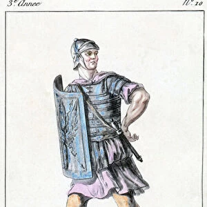 Theatre costume design for a Roman soldier (colour engraving)