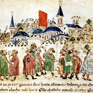 Travelling pilgrims arrive in Rome. 14th century. Chronicles Sercambi