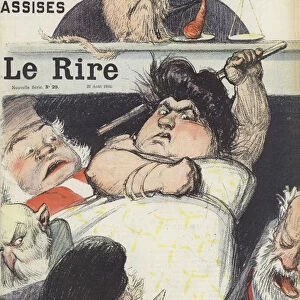 The trial of the notorious fraudster Therese Humbert. Illustration for Le Rire (colour litho)