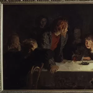 Une reunion revolutionnaire. Peinture de Ilya Repin (Ilia Repine) (1844-1930), huile sur toile, 1883. Art russe, 19e siecle. State Tretyakov Gallery, Moscou