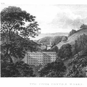 Two Upper Cotton Works, New Lanark Textile mills, 1796 (engraving) (b&w photo)