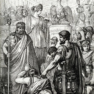 Vandal War: " The surrender of the King of the Vandals Gelimer kneels before the Byzantine General Belisaire (500-565) in March 534, Carthage, Africa" (Vandalic war: vandal king Gelimer surrendering to general Belisarius, 534)