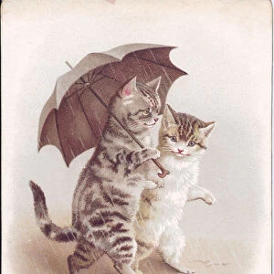 A Victorian Christmas card of two cats walking in the rain holding an umbrella, c