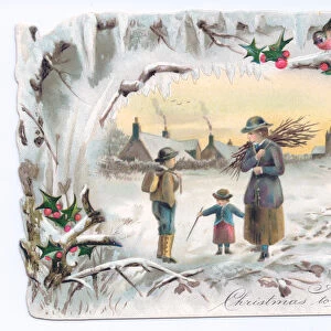 Victorian Christmas card of a woman carrying twigs with two children in a winter scene, c