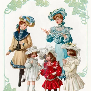 Victorian Fashion Plate of Girls in Fine Dresses and Hats Playing Hoops