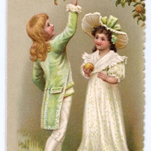 A Victorian greeting card of a boy picking an apple while a girl looks on, c