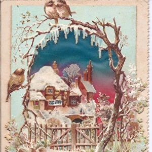 A Victorian hold-to-light Christmas Card of a cottage and winter scene