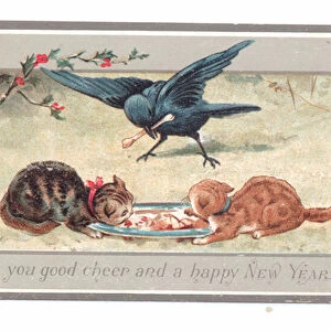 A Victorian New Year card of two cats eating from a plate while a crow with a bone in