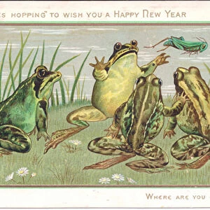 A Victorian New Year card of four frogs looking at a grass hopper flying away, c