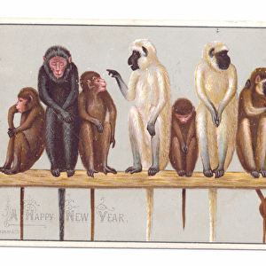 Victorian New Year card with eight monkeys on a ledge, c. 1880 (colour litho)