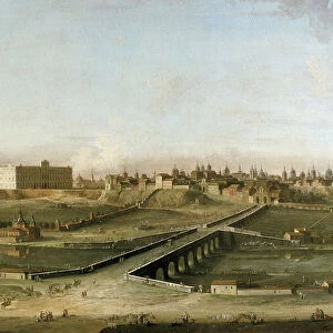 View of the city of Madrid with the Royal Palace ca 1750 from the right bank of the Manzanares River, detail (oil on canvas)
