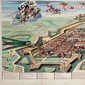 View and map of the city of Turin in 1700 (colored print)