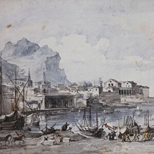 A View of the Port of Palermo, 1777 (black chalk, pen and black ink and watercolour)