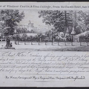 View of Windsor Castle and Eton College from Bothams Hotel, Salt Hill, Post Horses advertisement (engraving)