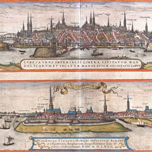Views of Lubeck (Lubeca) and Hamburg (Hamburga), Germany (etching, 1572-1617)