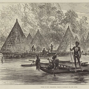 Voyage of HMS Challenger, Village in Humboldt Bay, New Guinea (engraving)