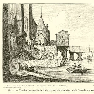 Vue des tours du Palais et de la passerelle provisoire, apres l incendie du pont au Change en 1621, d apres un dessin de la collection Bonnardot (engraving)
