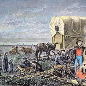 Wagon emigrants to the west (coloured engraving)