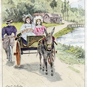 Walking: Two little girls sitting in a carriage drawn by a donkey (or mullet) walk along a towpath. Their mother is on the bike behind her. 1908 (chromolithograph)