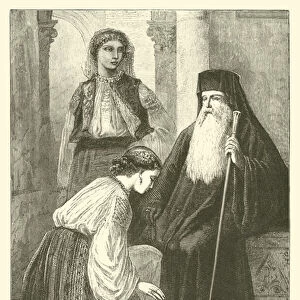 Wallachian popa, priest of the Greek Church, and peasant women (engraving)