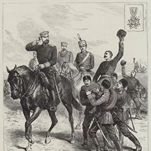The War in the East, Prince Alexander decorating Bulgarian Troops after the Battle of Slivnitza (engraving)