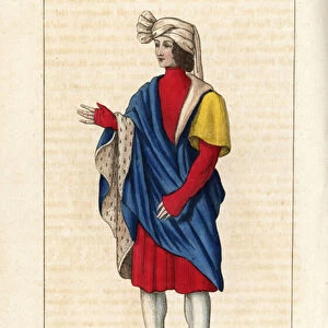 William of Gellone (Guillaume de Gellone or d Aquitaine or Le Grand, ca. 750-814), Count of Toulouse, died in the 9th century but depicted in 13th century costume. He wears a corselet (bodice), a tunic, and cape lined with fur